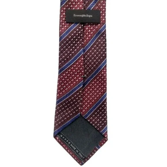 Ermenegildo Zegna Repp Striped Dash Woven Silk Tie Burgundy Silver Cobalt Blue